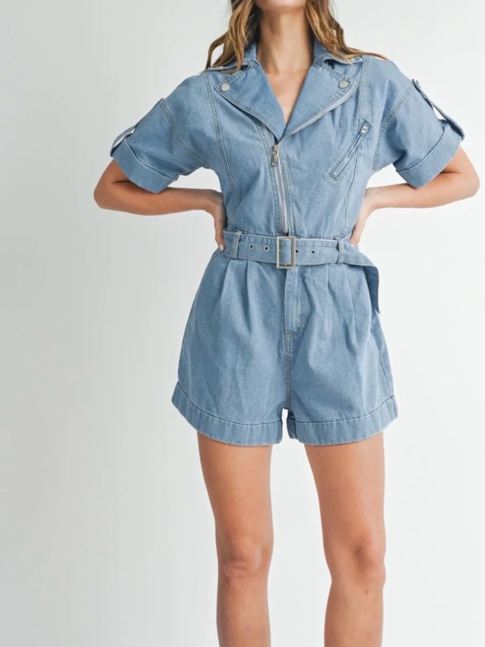 A610. Mable Light Wash Denim Short Jumpsuit Romper with Belt - Picture 6 of 6